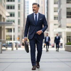 Hickey Freeman Navy Plaid Super 120s Wool Suit Jacket 36S Pants 38 Waist